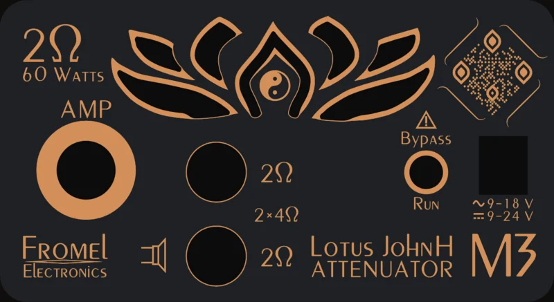 The back panel of the 2 ohm, 60 watt model: Amp jack, speaker outputs lettered for 2 ohms, Bypass and Run, EXT Power jack, QR code and the copper lotus