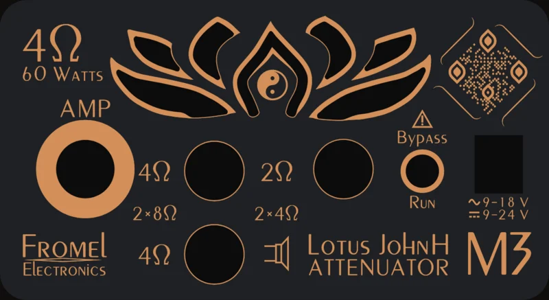 The back panel of the 4 ohm, 60 watt model: Amp jack, speaker outputs lettered for 4 ohms, Bypass and Run, EXT Power jack, QR code and the copper lotus