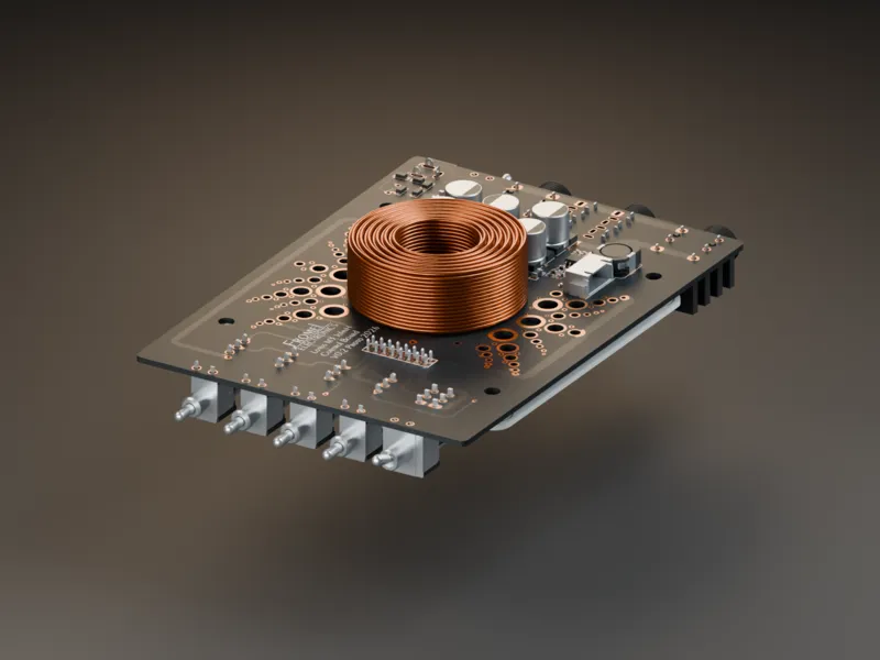 50rem) 28rem, 100vw:The control board with the air-core coil, before the lid goes on